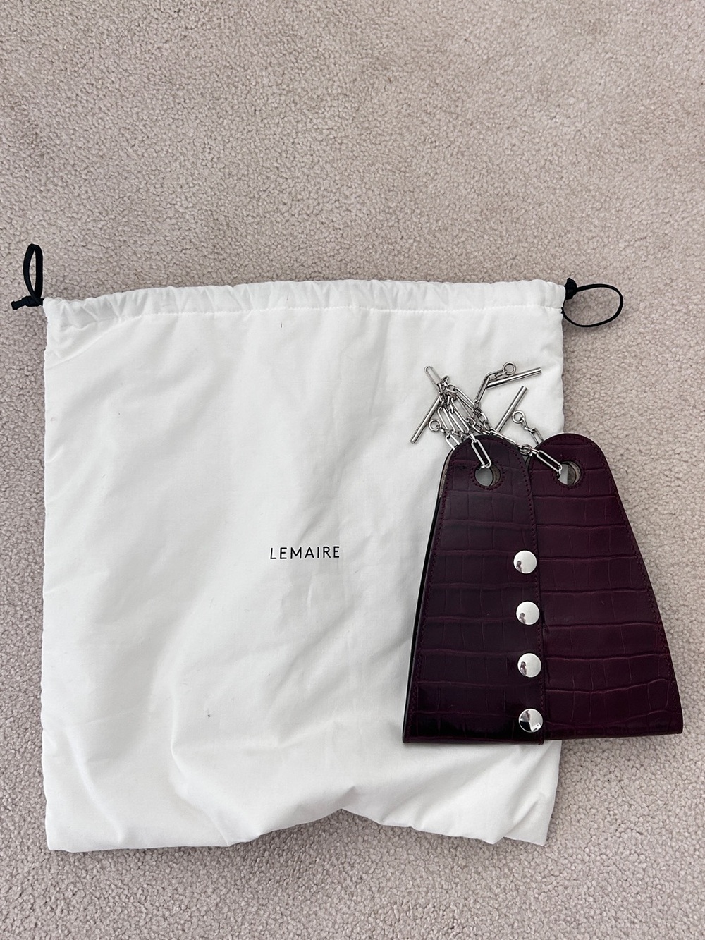 Lemaire Burgundy Croc-Embossed Leather Mini Key Pouch with Silver Hardware